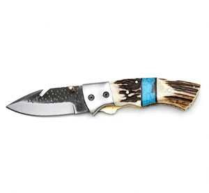 Couteau utilitaire compact à ouverture manuelle avec manche en corne de cerf et incrustation turquoise sur le dos - Product Image 5