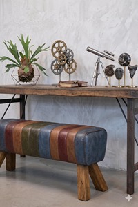 Premium Rare Patchwork Leather Pommel Horse Bench with Rustic Wooden Legs Upholstered Entryway <b>Bedroom</b> Seating <b>Stool</b> - Product Image 2