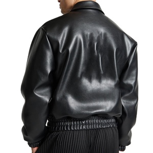 Blouson moto homme noir en similicuir, fermeture éclair frontale, col chemise, poignets élastiques, ceinture, léger et enduit - Product Image 6