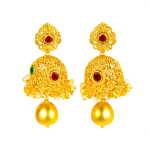 Antique Gold Plated Pearl Drop Jhumka Earrings-Ethnic Vintage Charm Jewelry - Product Image 3