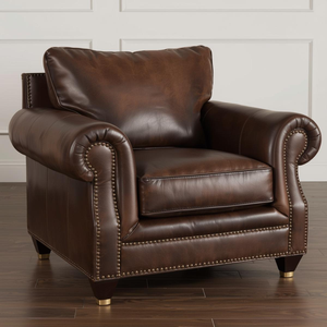 Genuine Cow Leather <b>Armchair</b> Heavy Duty Upholstered Accent Chair Rolled Arm Design Nailhead Trim Living Room Furniture - Product Image 1