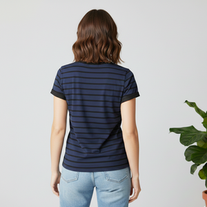 Chemise bleu marine avec doublure noire à motifs pour femmes, tissu de qualité supérieure, t-shirts à manches courtes pour femmes - Product Image 6