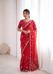 Conjunto Tradicional Indio-Pakistaní de Chifón Rojo con Bordado Floral, Saree de Tela de Red, Blusa Sharara, Transpirable, para Fiestas y Bodas - Product Image 3