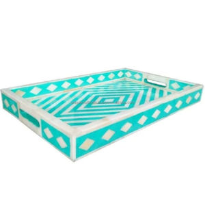 Plateau de service en bois avec incrustation d'os, motif floral bleu turquoise, artisanal, rectangulaire, plateau décoratif de qualité supérieure pour une décoration élégante - Product Image 5