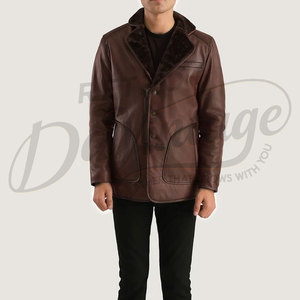 Manteau trench en cuir marron de qualité supérieure pour homme avec col en fausse fourrure foncée, veste chaude en peau de mouton pour l'hiver, coupe ajustée, vêtement d'extérieur - Product Image 6