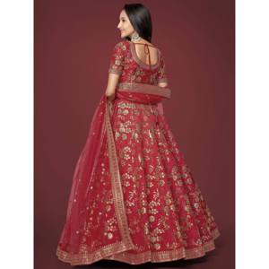 Bewitching <b>Red</b> Zari Work Slub <b>Silk</b> Wedding Lehenga Choli - Product Image 2