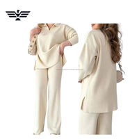 Conjunto de 2 Piezas para Mujer, Top de Manga Larga con Cuello en V y Pantalones Anchos, Estilo Casual Otoñal, Corte Holgado, Color Sólido, Tejido de Punto