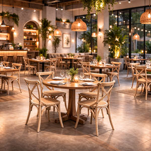 เก้าอี้ทานอาหารไม้สักคุณภาพสูงแบบขายส่ง ดีไซน์พนักพิงไขว้ทันสมัย สามารถวางซ้อนกันได้ เป็นมิตรกับสิ่งแวดล้อม ทนทาน เหมาะสำหรับงานแต่งงานและงานเลี้ยงในห้องจัดเลี้ยง - Product Image 5