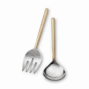 Premium Look Stainless Steel Salad <b>Server</b> With Brass Embossed Single Leaf Design Rouge Long Handle Salad <b>Server</b> Set - Product Image 4