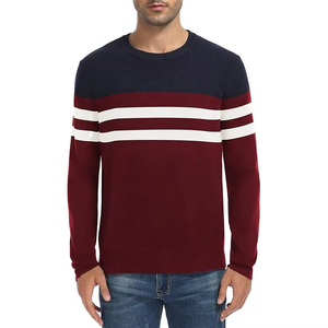 Pull en tricot à col rond pour homme, rayé, coupe classique, décontracté, pour l'automne, bordeaux, marine, blanc, manches longues - Product Image 3