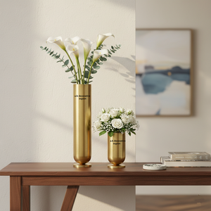 Vases sur pied minces en aluminium doré de luxe, écologiques, pots de fleurs métalliques modernes, centres de table haut de gamme pour mariages et événements - Product Image 1