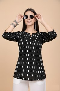 Tunique décontractée noire à col rond pour femme, en mélange de coton, longueur normale, manches trois quarts, entièrement cousue, haut pour fille - Product Image 5