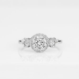 Brilliant 18K Gold Round Cut Diamond Three Stone Halo Engagement <b>Ring</b> Fine Bridal Jewelry Luxury Gift for Her Anniversary - Product Image 1