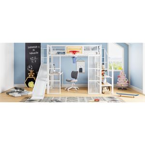 White <b>Full</b> Size Loft <b>Bed</b> with Built-in Desk Open Wardrobe Basketball Hoop Slide & Staircase-Kids' Furniture <b>Set</b> with 3.14 ETA - Product Image 6