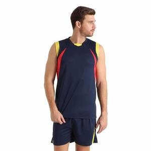 Best Selling OEM Men's Navy Blue Sleeveless Volyball Uniform With Red And Yellow Accents V-Neck Moisture Wicking Athletic Fit - Product Image 3
