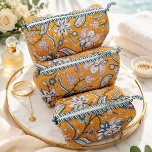 Sacs à maquillage en coton durable à imprimé floral jaune, pochettes indiennes, trousse de rangement cosmétique de voyage - Product Image 1