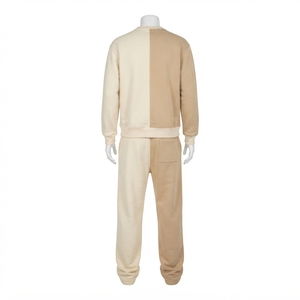 Men Beige Two Tone Sweatshirt <b>Jogger</b> <b>Set</b> Crewneck Contrast Panel <b>Matching</b> Two Piece Tracksuit Streetwear Outfit - Product Image 4