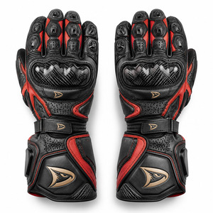Wholesale Racing Gloves Full Finger Leather Red Black Adjustable Wrist <b>Strap</b> Hook And Loop Closure Outdoor Riding Biker Gloves - Product Image 1