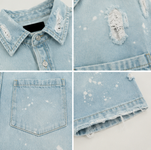 Camisa de mezclilla oversize personalizada con efecto desgastado, estilo vintage, de manga corta, para hombre y mujer, OEM ODM, marca privada - Product Image 3