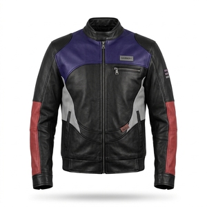 Blouson en cuir pour homme violet et noir, style motard multi-panneaux colorblock, fabrication sur mesure OEM ODM, offre de production en gros par l'usine - Product Image 1