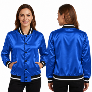 Chaqueta Varsity Azul Rey para Mujer, Satinada, Cortavientos, Transpirable, Manga Larga, Cuello Camisero, Ribete en Contraste, Corte Regular, Ropa de Invierno - Product Image 1