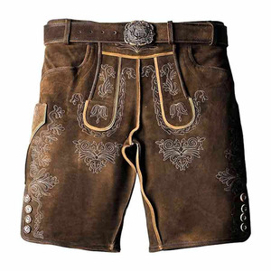 <b>Men</b>’s Bavarian Lederhosen Traditional German Oktoberfest Embroidered Vintage Brown Leather <b>Shorts</b> with Belt - Product Image 1