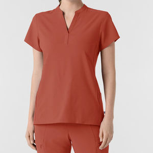 Women Red Woven <b>Scrub</b> <b>Top</b> 71% Polyester 21% Rayon 7% Spandex Oversized Fit Nursing Uniforms Short Sleeve Hospital Dress Needle - Product Image 3
