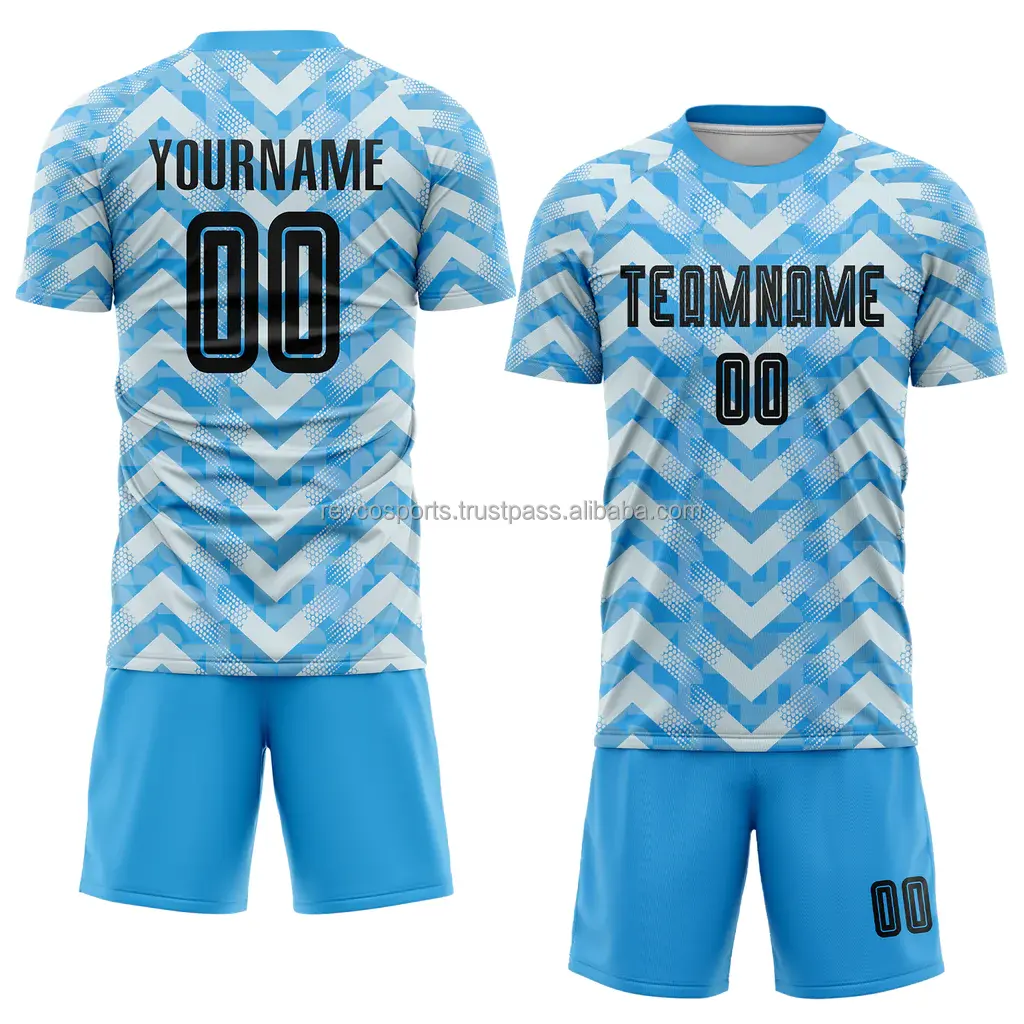 High quality light blue and white soccer uniform for men O-neck soccer jersey uniform sets low price custom soccer uniforms