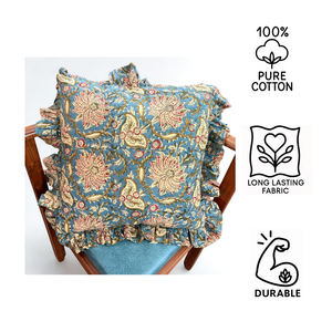 Housse de coussin carrée à volants imprimée à la main de Jaipur, 100 % coton, style bohème, écologique, durable, avec fermeture éclair - Product Image 4