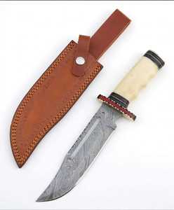 Custom Handmade Damascus Steel Outdoor Utility <b>Knife</b> <b>Bone</b> Resin <b>Handle</b> Filework Guard - Product Image 3