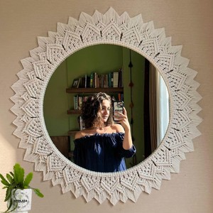 Acacia Wood Bohemian Round <b>Mirror</b> Macram Backing Wholesale | Handcrafted - Product Image 1