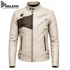 High Quality <b>Men</b> Off-White Real <b>Leather</b> Biker <b>Jacket</b>, Tactical Two-Tone Off-White & Brown Moto <b>Jacket</b> with Dual Side Buckles - Product Image 1