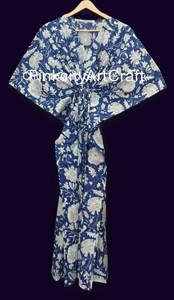 Indigo Blue Cotton <b>Kaftan</b> Dress with Jaipuri Hand Block Floral Prints, Summer Loungewear Resort Wear V-Neck Loose Fit <b>Maxi</b> Dress - Product Image 5