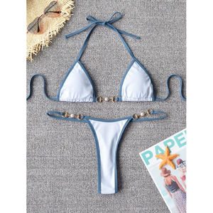 White <b>Blue</b> Trim <b>Bikini</b> <b>Set</b> With Metallic Chain Detail Thong Bottoms Women's Swimwear - Product Image 4