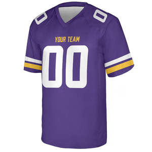 Maillot de football américain personnalisé 100% polyester violet blanc or col en V manches courtes anti-transpiration anti-UV pour homme adulte - Product Image 1