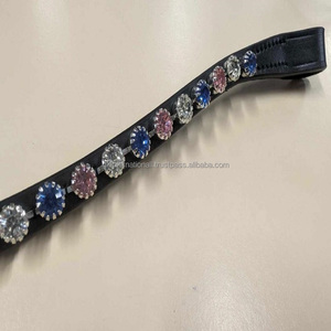 Bande de front de cheval en cuir véritable en forme de vague profonde personnalisée avec des cristaux ronds de marque multicolores strass chaîne bling - Product Image 3