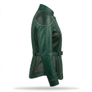 Darkry <b>Women</b> Belted Forest Emerald Green Genuine Leather <b>Jacket</b> Stand Collar Concealed Zip Tactical Moto Biker Outerwear Coat - Product Image 3