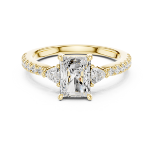 Anillo de Compromiso de Oro Amarillo con Diamante Corte Esmeralda y Tres Piedras con Halo, Anillo de Boda para Mujer - Product Image 1