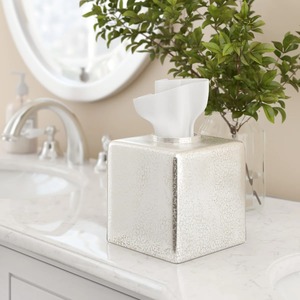 Dispensador de pañuelos faciales de cristal de mercurio brillante de lujo, colección premium para baño contemporáneo, caja de pañuelos plateada con vetas plateadas - Product Image 3