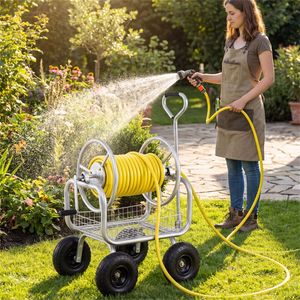 Carrello Avvolgitubo da Giardino Rinforzato da 15m con Ruote Pneumatiche da 25cm, Raccordi in Ottone di Grande Capacità e Cesto Portaoggetti da 30m S - Product Image 2