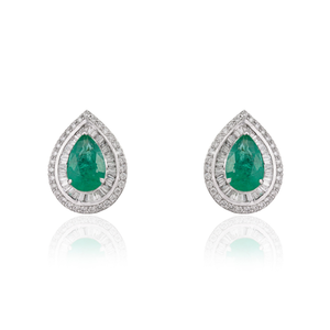 Boucles d'oreilles clous double grappe en émeraude zambienne et diamant de haute qualité, forme poire, pour femme, en or blanc véritable 18 carats, bijoux de déclaration - Product Image 1