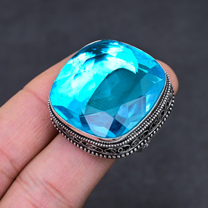 Anillo de Topacio Azul Facetado, Hermoso y Popular, Hecho a Mano, Chapado en Plata de Ley 925, Ovalado, de Lujo, Calidad Premium, Estilo Vintage - Product Image 1
