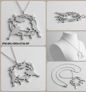 Colgante de Latón Plateado de Moda con Diseño de Nido de Pájaro Tallado en Rompecabezas, Acabado Mate, Cadena de Eslabones, Cierre de Langosta, Regalo para Mujer - Product Image 6