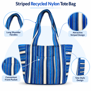 Sac fourre-tout en nylon rayé Ellora avec poche avant, sac de shopping réutilisable à bandoulière - Product Image 5