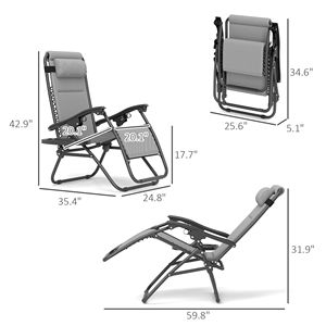 Set di 2 Sedie a Sdraio Grigio Chiaro a Gravità Zero, Reclinabili e Pieghevoli per Piscina con Poggiatesta e Vassoio Laterale in Ferro - Product Image 3