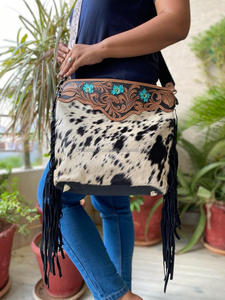Bolso de mano de cuero con flecos de piel de vaca auténtica tallado bohemio color turquesa nuevo diseño bolsos para mujer - Product Image 2