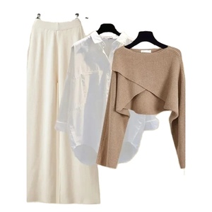 Ensemble de 3 pulls musulmans pour femmes-Écharpe-Robe-Pull-over en tricot-Automne-Hiver-Crochet-Jupe taille haute-Tenues décontractées du Maroc - Product Image 1