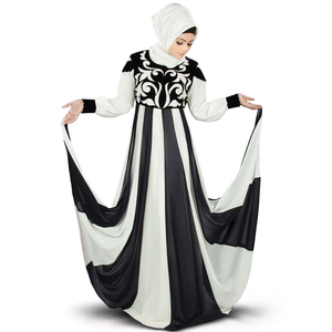 Robe longue élégante en mousseline noire et blanche, col rond, manches longues, coupe droite simple et naturelle pour femme - Product Image 3