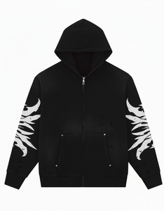 Men's Black Hooded Zip-Up Sweatshirt With White Flame Print On Sleeves Streetwear Style Regular Fit 100% Polyester French Terry - Product Image 6