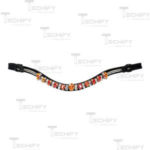 Diadema de Cuero Negro Premium para Caballo con Cristales de Estrás Rojo Anaranjado Curvos y Brillantes para Equitación MS TECHIFY EXPORTS LB007 - Product Image 2